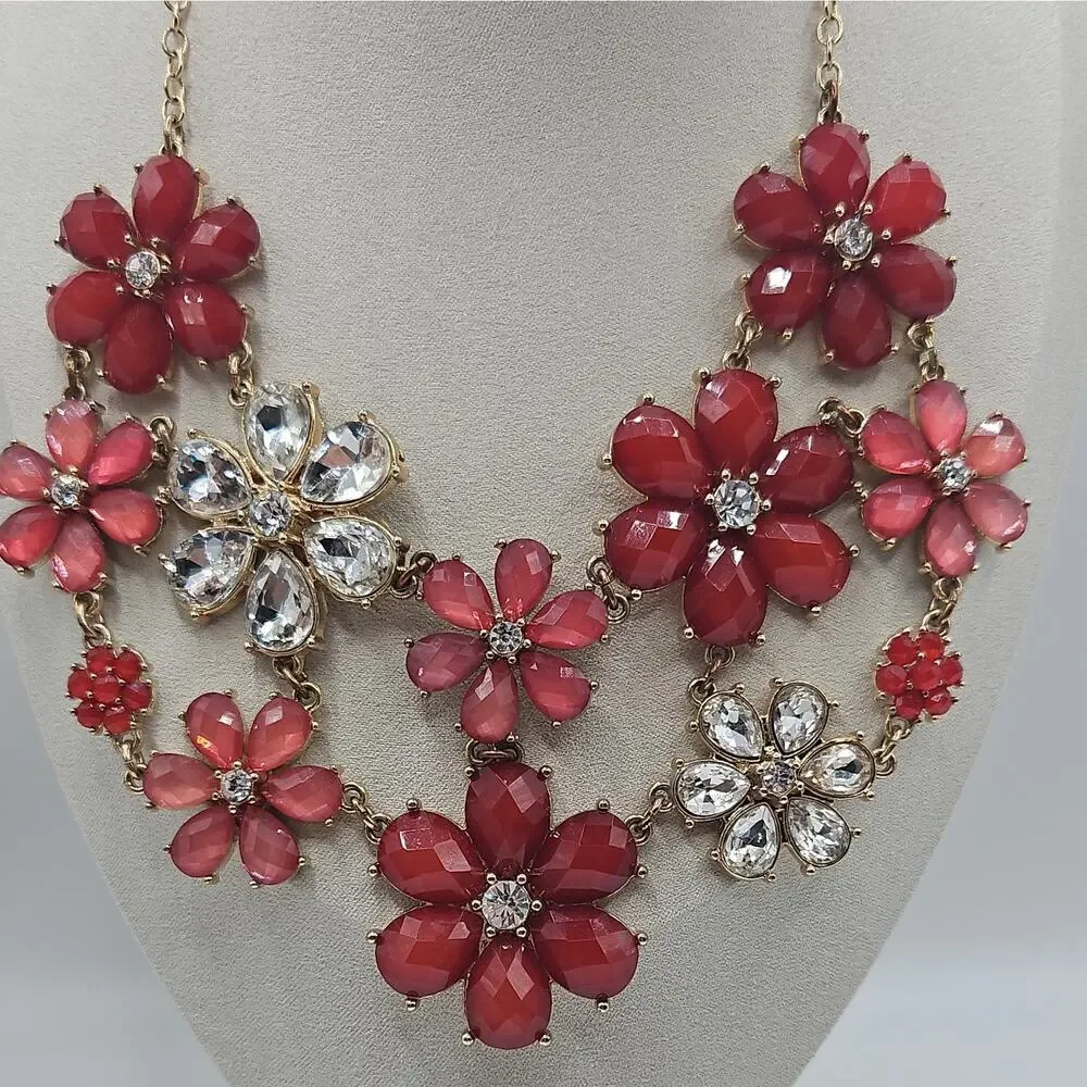 Vtg Fall Flower Power Red,Pink&Clear Gold toned Necklace,Kate Spade Inspired